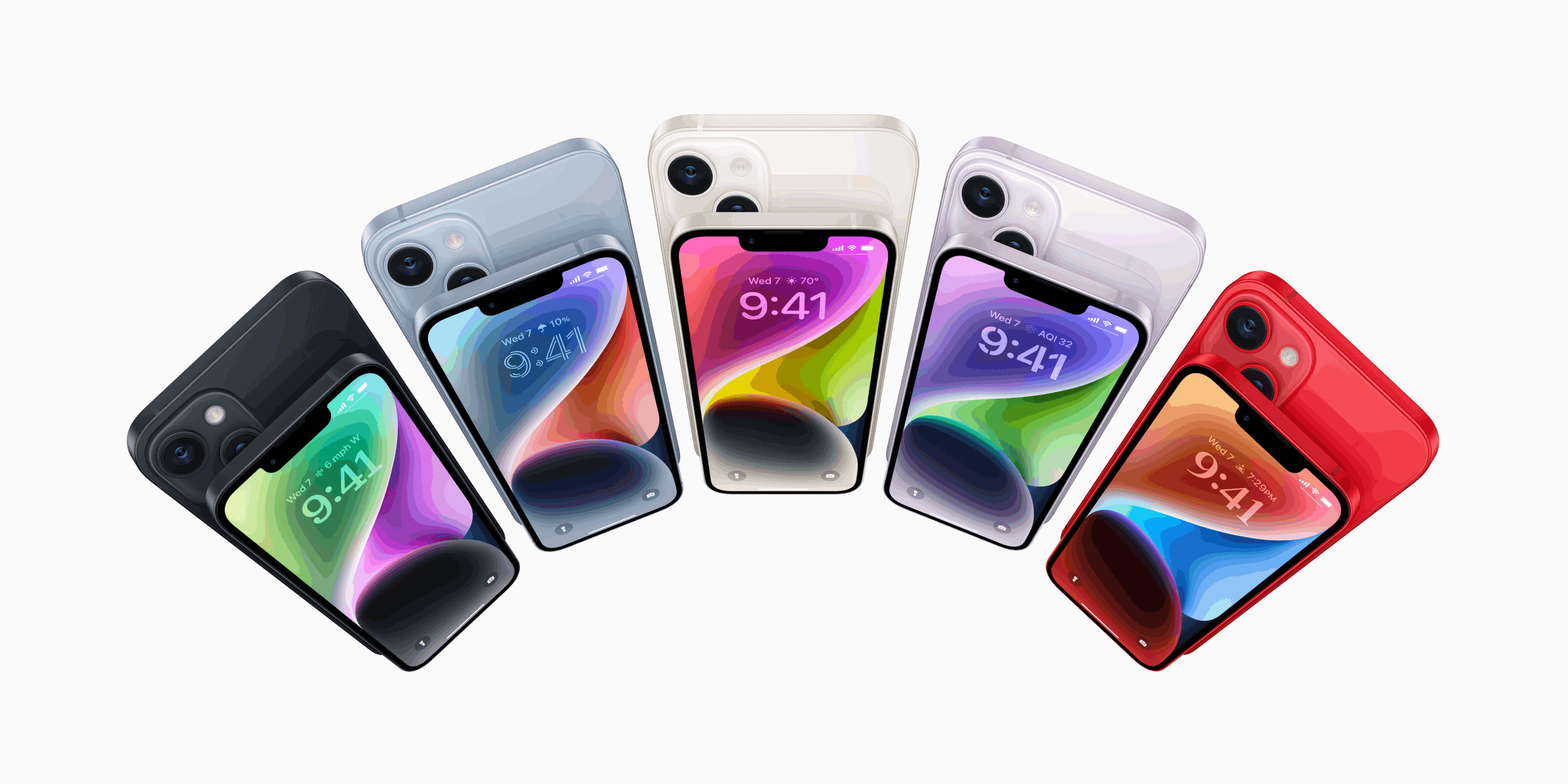 5 iphones in de kleuren zwart, blauw, wit, paars en rood