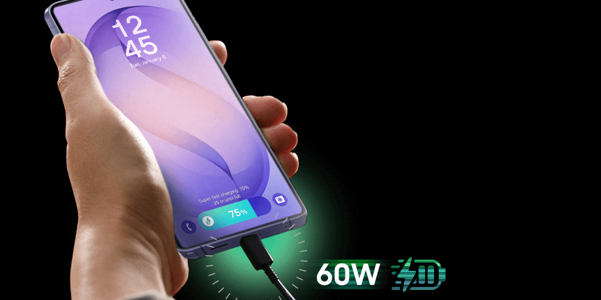 Het scherm van een telefoon uit de S26-serie die voor 75 procent wordt opgeladen met een USB-C oplaadkabel 