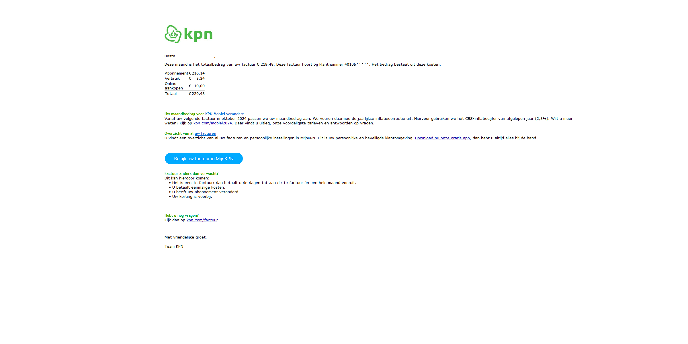 Afbeelding van phishing mail "Onderwerp: Informatie over uw maandelijkse factuur van KPN Mobiel"