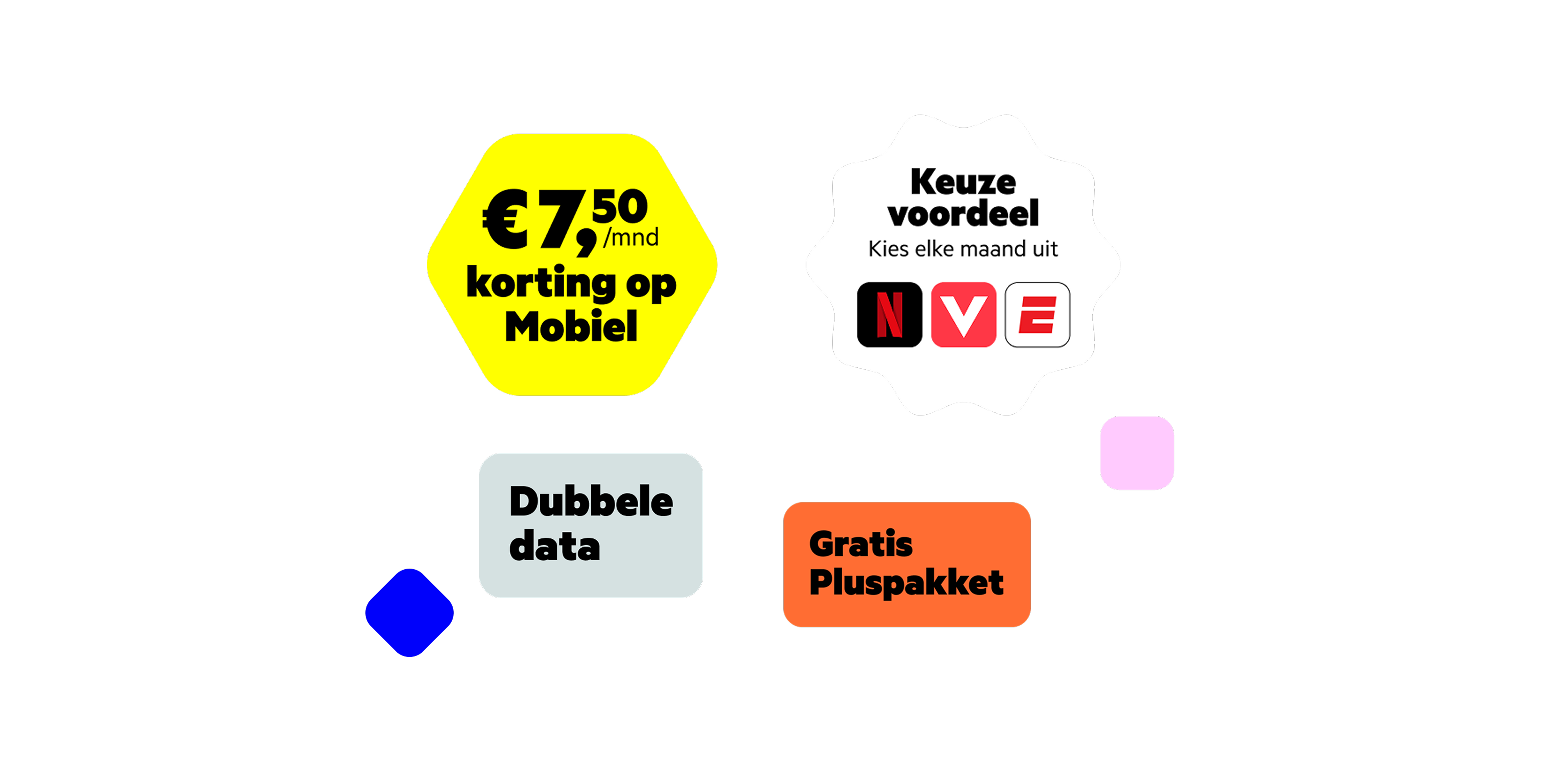 Kies Netflix, Videoland of ESPN Compleet als keuzevoordeel cadeau, krijg 7,50 korting op mobiel, dubbele data en een gratis pluspakket