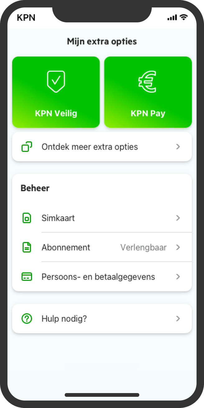 Smartphone met het Mijn extra opties scherm in de MijnKPN app