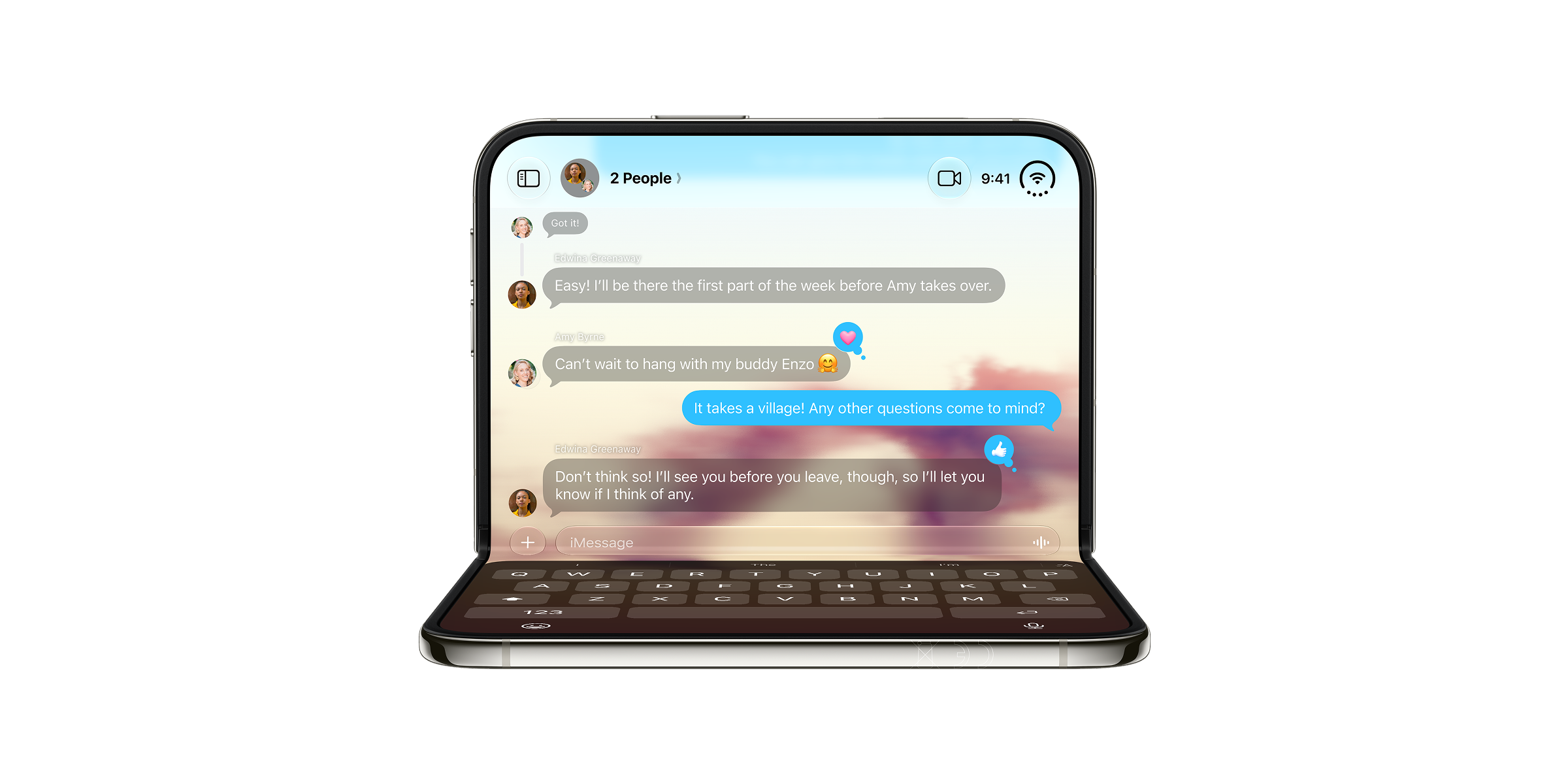 De iPhone Duo neergezet als kleine laptop, met boven een scherm en onder een toetsenbord
