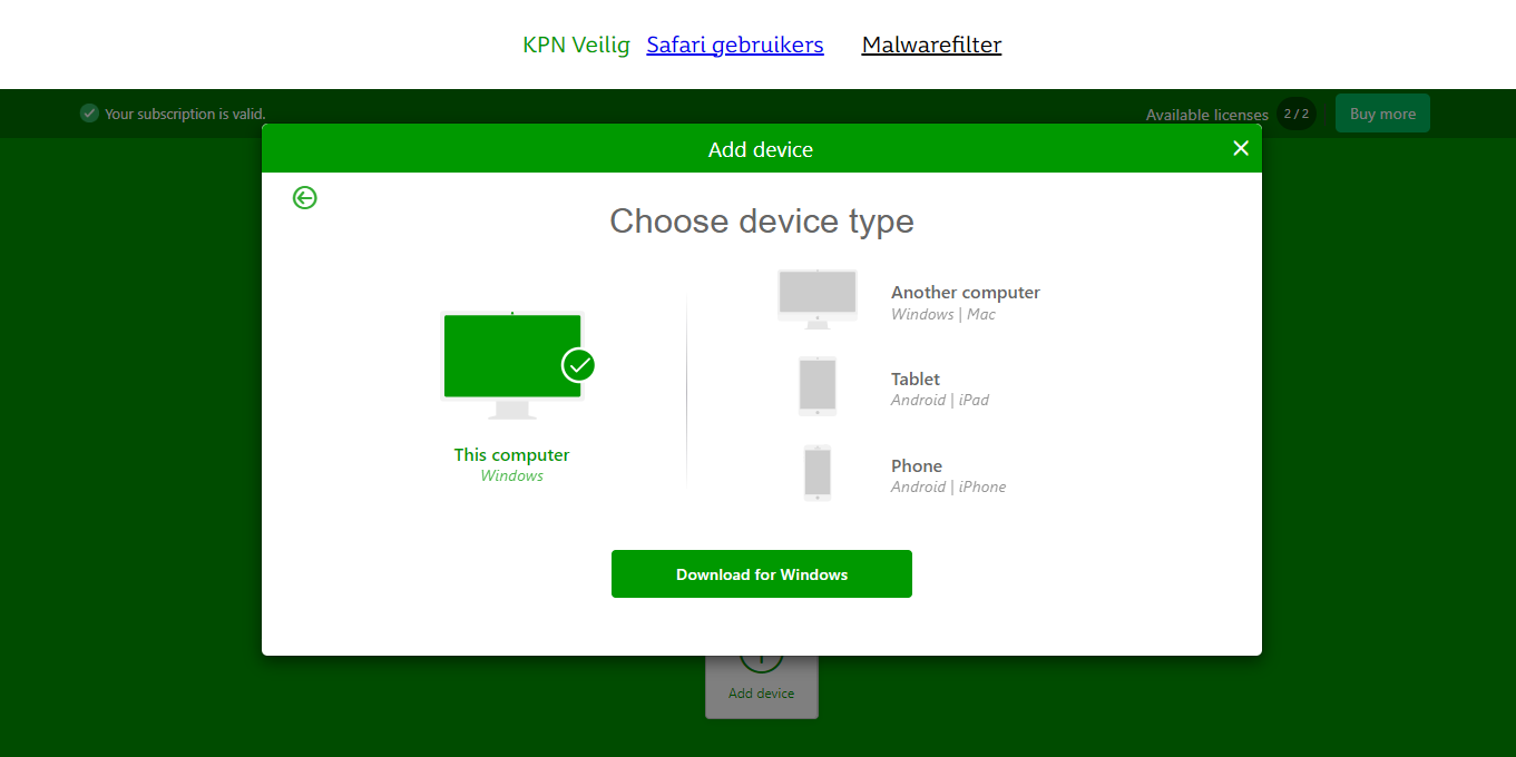 Pop-up met 'Choose device type' en een knop 'Download for Windows'