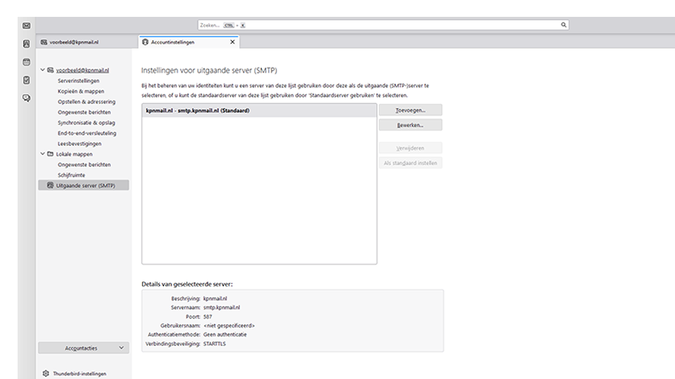 Uitgaande server SMTP instellingen in Thunderbird