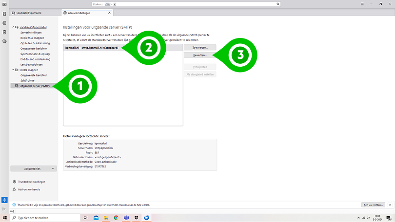 Uitgaande server SMTP instellingen in Thunderbird