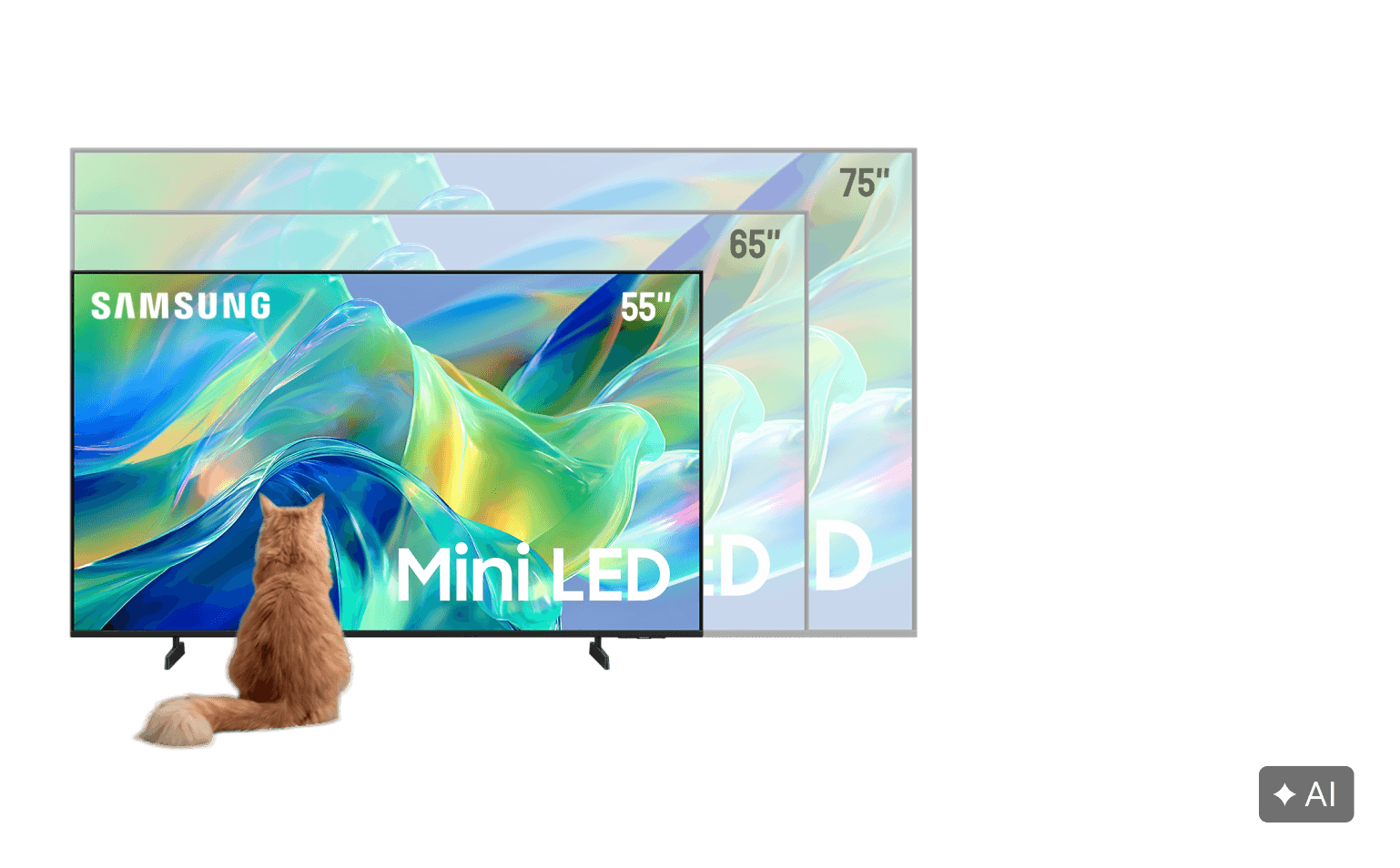 Samsung Mini LED 55-inch, 65-inch en 75-inch tv met Louis de kat die naar het scherm kijkt