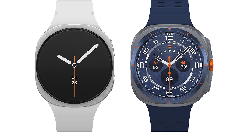 Twee Samsung smartwatches naast elkaar. De een heeft een groene band en de ander een oranje band. 
