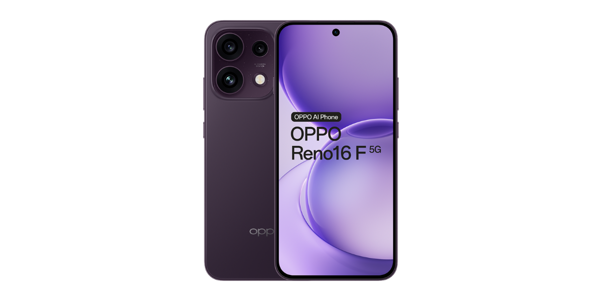 De donkerpaarse OPPO Reno16 F op een witte achtergrond