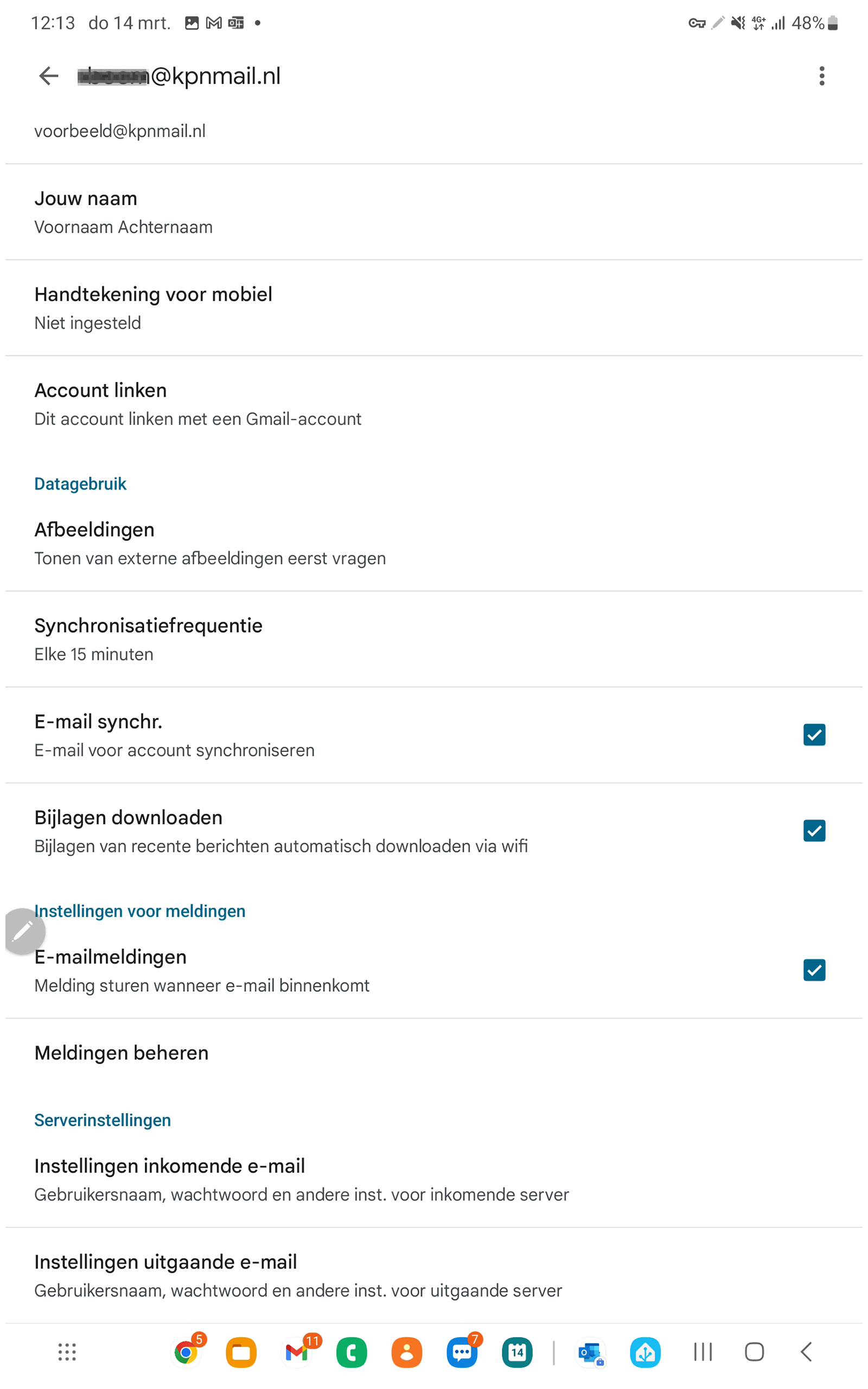 Instellingen in Gmail met 'Instellingen inkomende e-mail'.