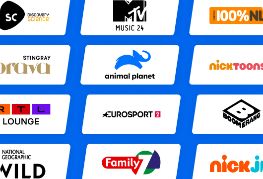 Logo's van zenders in het Pluspakket, zoals Animal Planet, Europsport, Nicktoons en 100% NL.