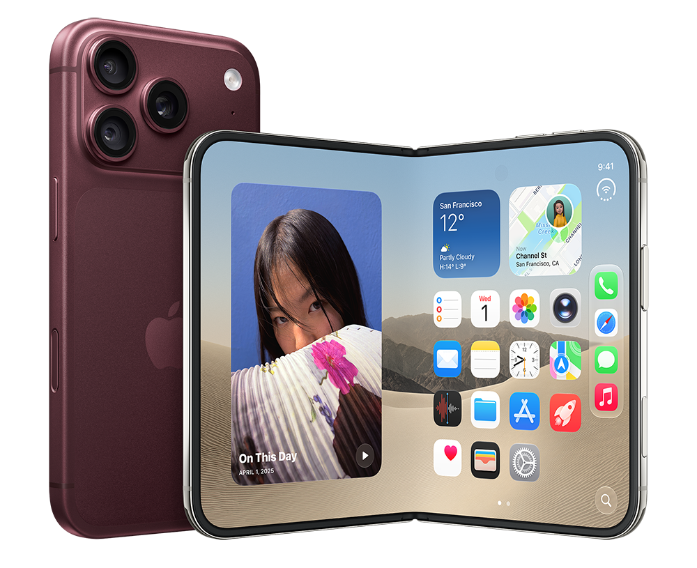 Links de achterkant van de donkerrode iPhone 18 Pro en rechts een half opengevouwen iPhone Duo, waarvan het binnenste scherm toont met een foto van een vrouw, widgets en apps