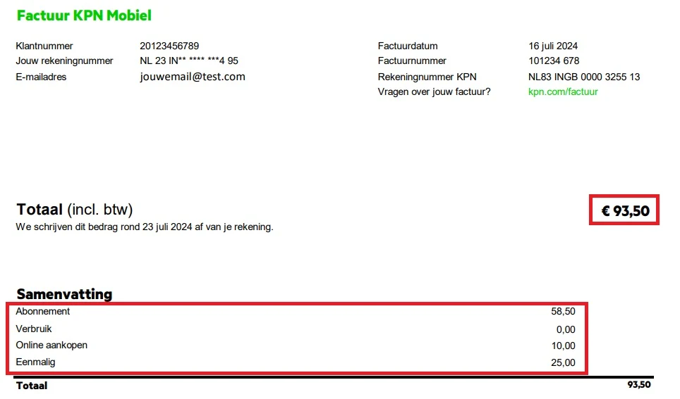 Maandfactuur mobiel totaalbedrag