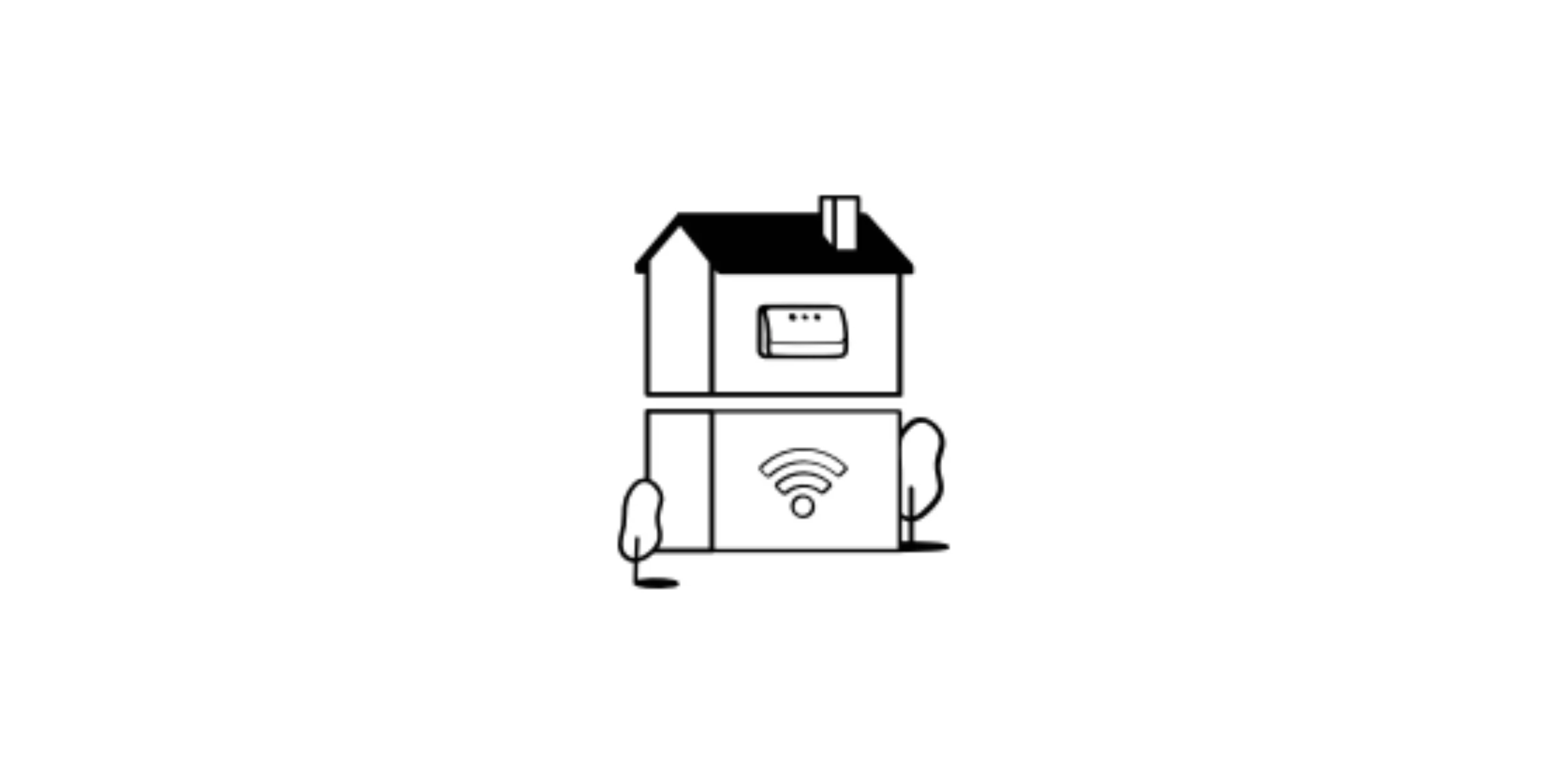 Lijntekening van een huis met een wifi-teken op de begane grond en een modem op de 1e