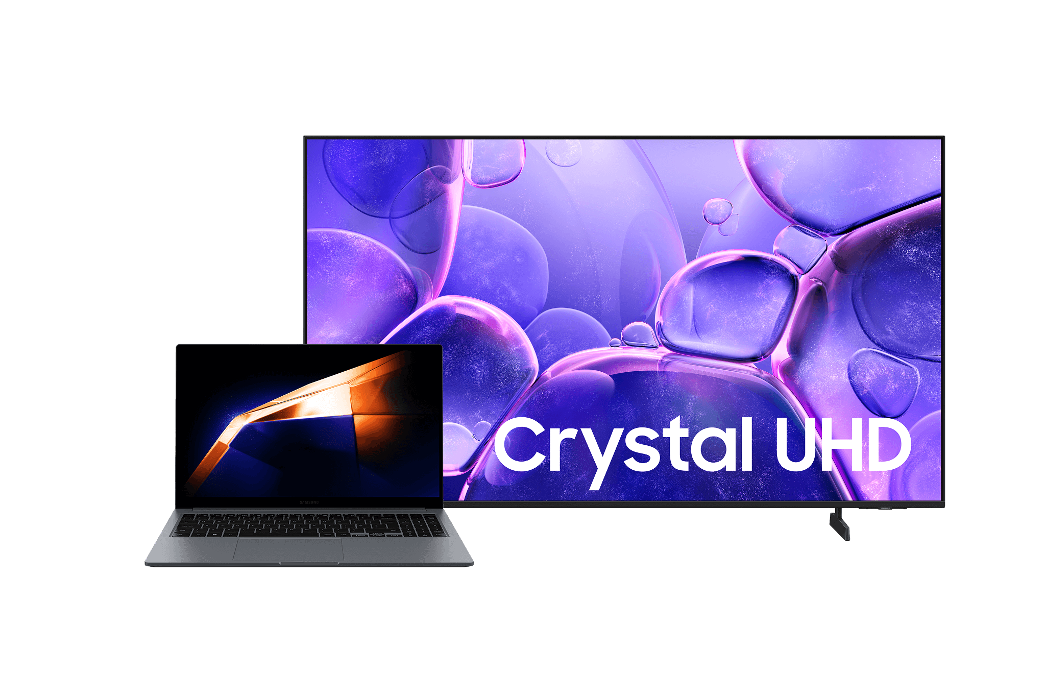Een Samsung 55 inch Crystal UDH tv en een Samsung Galaxy Book4