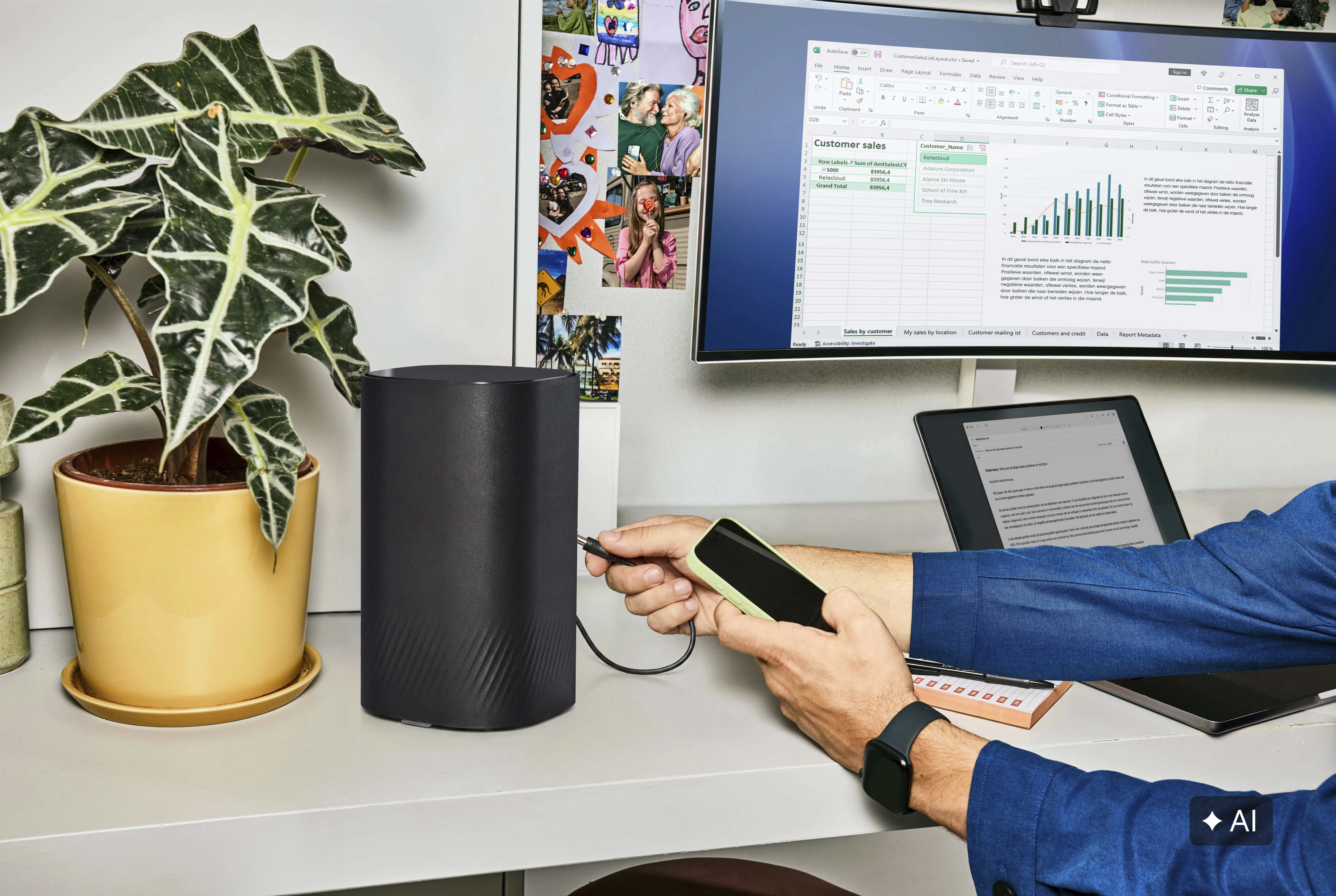 5G-modem wordt aangesloten met een mobiel in de hand