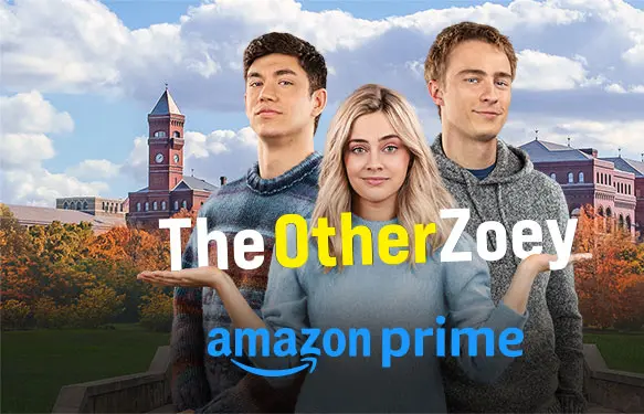 Het logo van Amazon Prime en het logo van The Other Zoey met op de achtergrond de acteurs