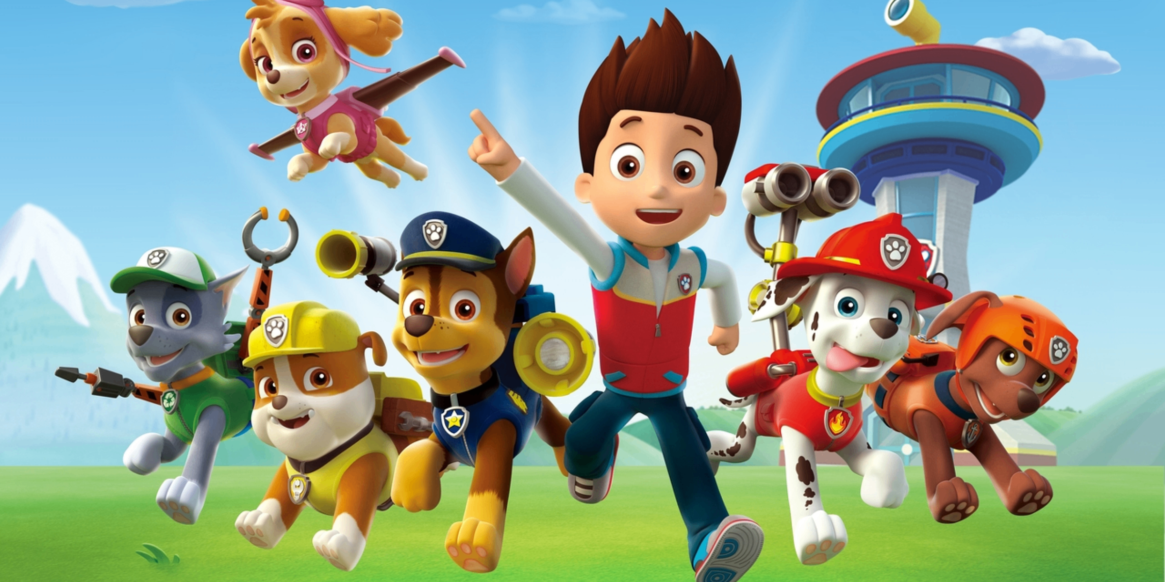 Figuren van de serie Paw patrol en een vliegtoren