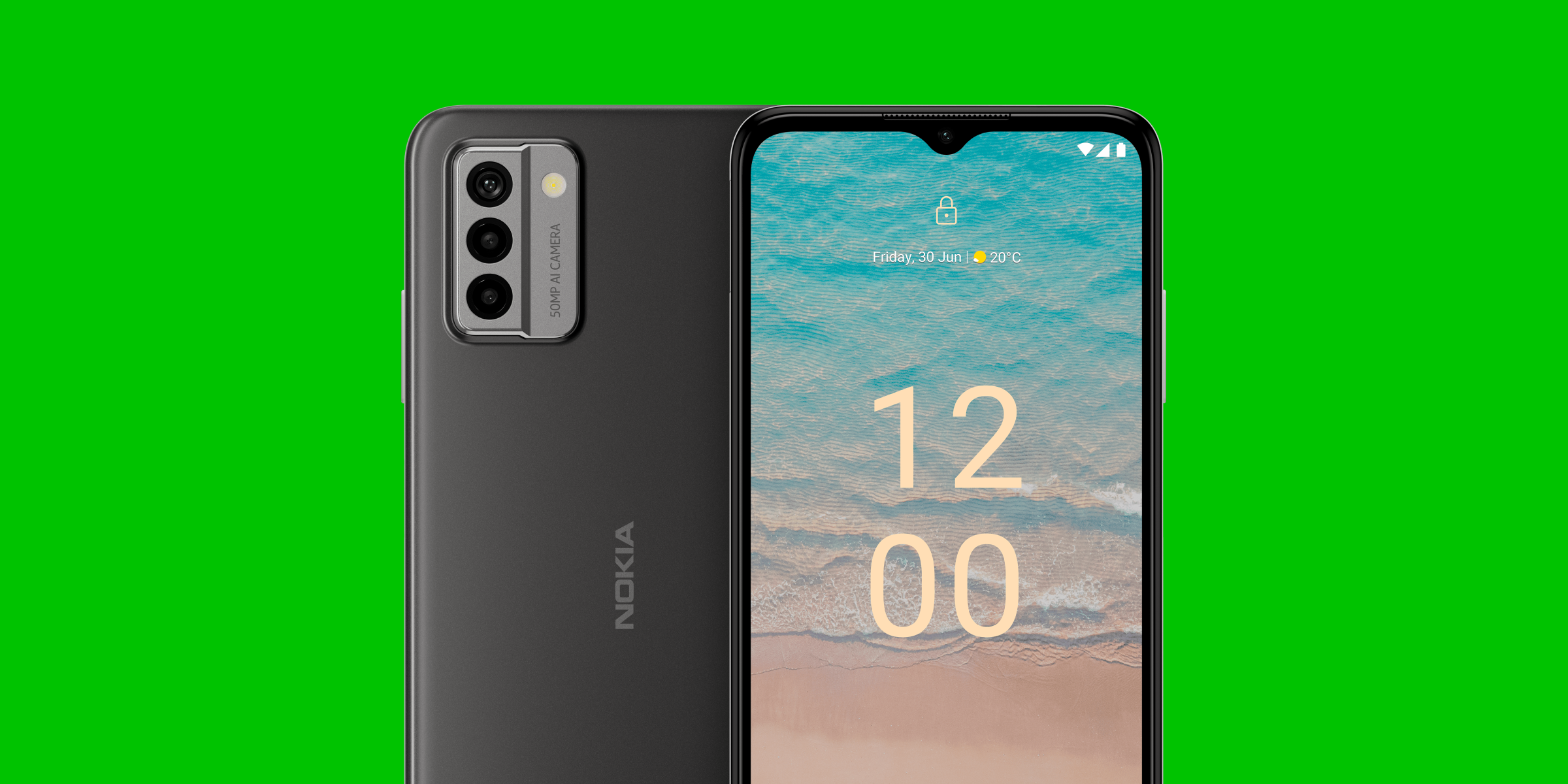 Nokia G22 frontback op groene achtergrond