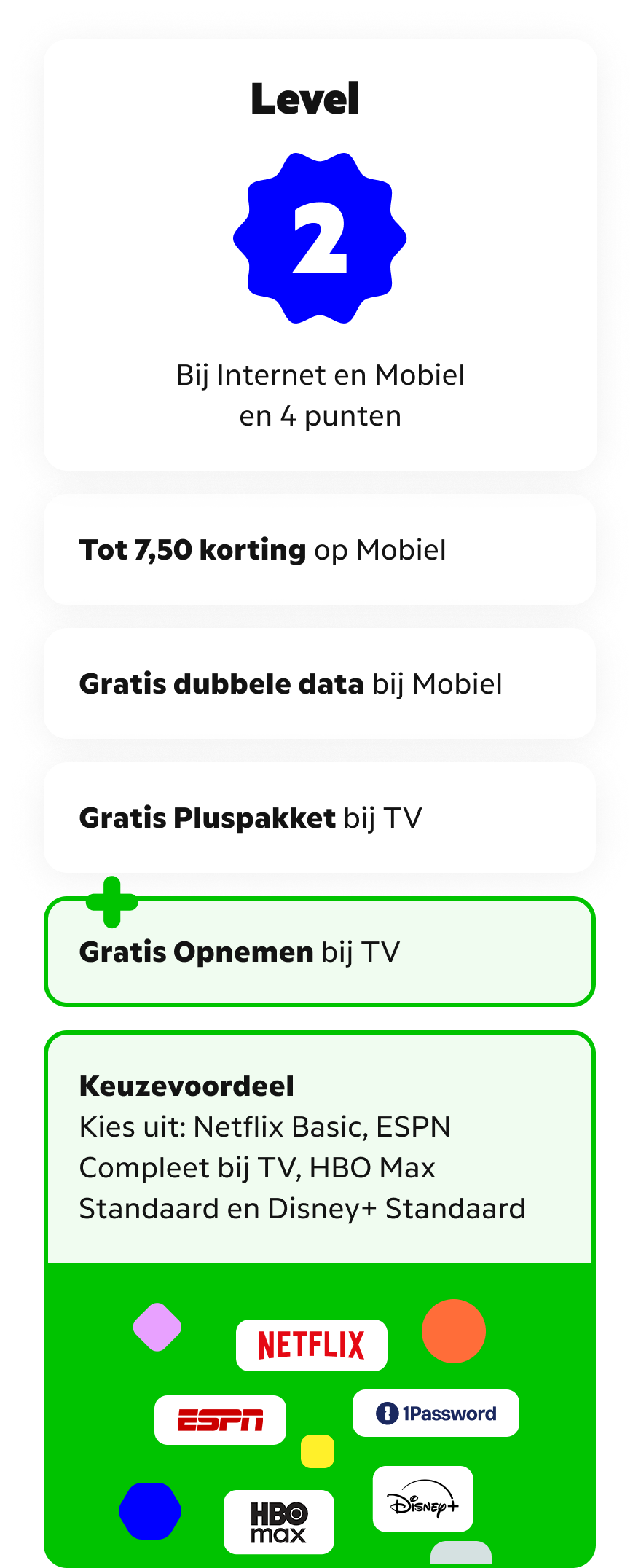Level 2: zelfde als level 1 plus gratis opnemen bij TV en ook keuze voor HBO Max Standaard of Disney+ Standaard