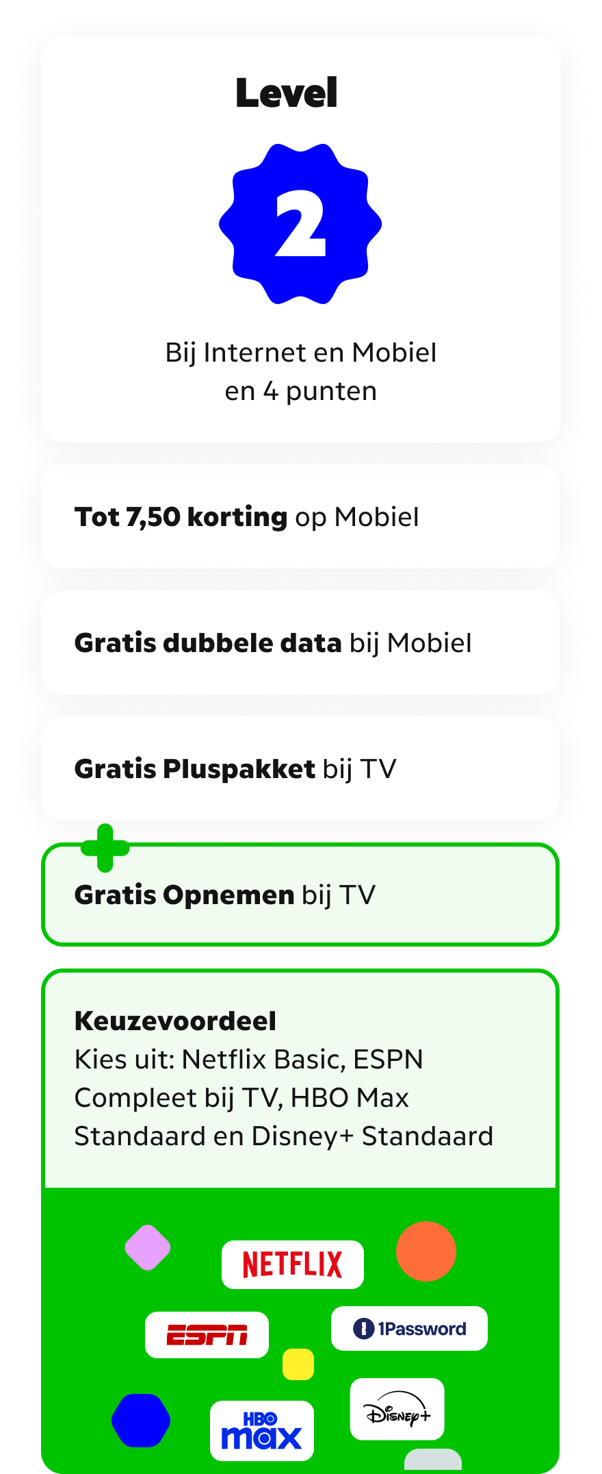 Level 2: zelfde als level 1 plus gratis opnemen bij TV en ook keuze voor HBO Max Standaard of Disney+ Standaard