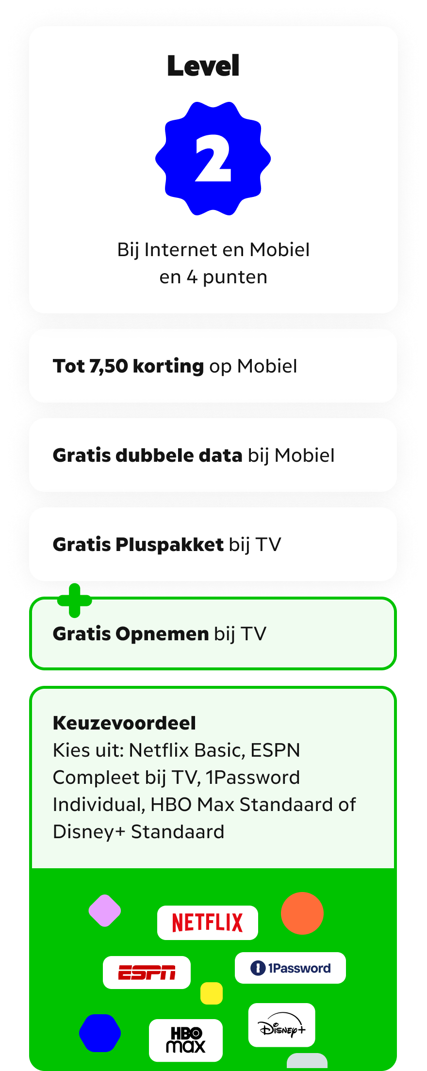 Level 2: zelfde als level 1 plus gratis opnemen bij TV en ook keuze voor HBO Max Standaard of Disney+ Standaard