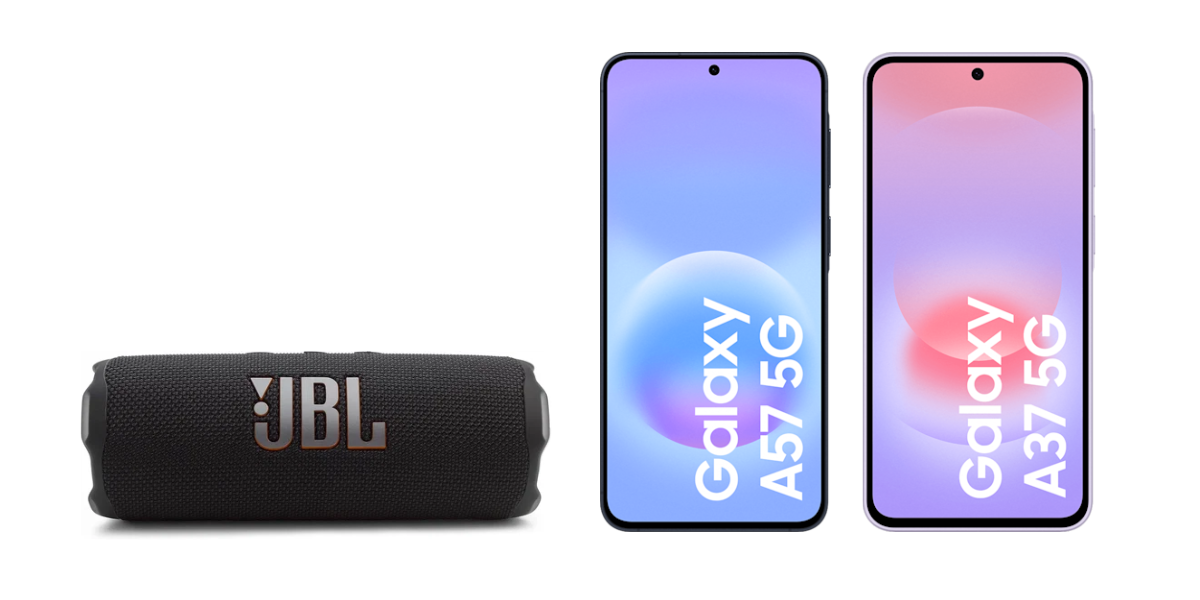De JBL Flip 7 speaker naast de Samsung Galaxy A57 en de A37