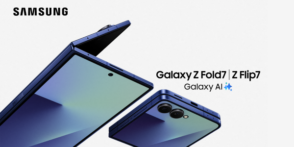 De Samsung Galaxy Z Fold7 en Z Flip7 naast elkaar met de tekst: Galaxy AI