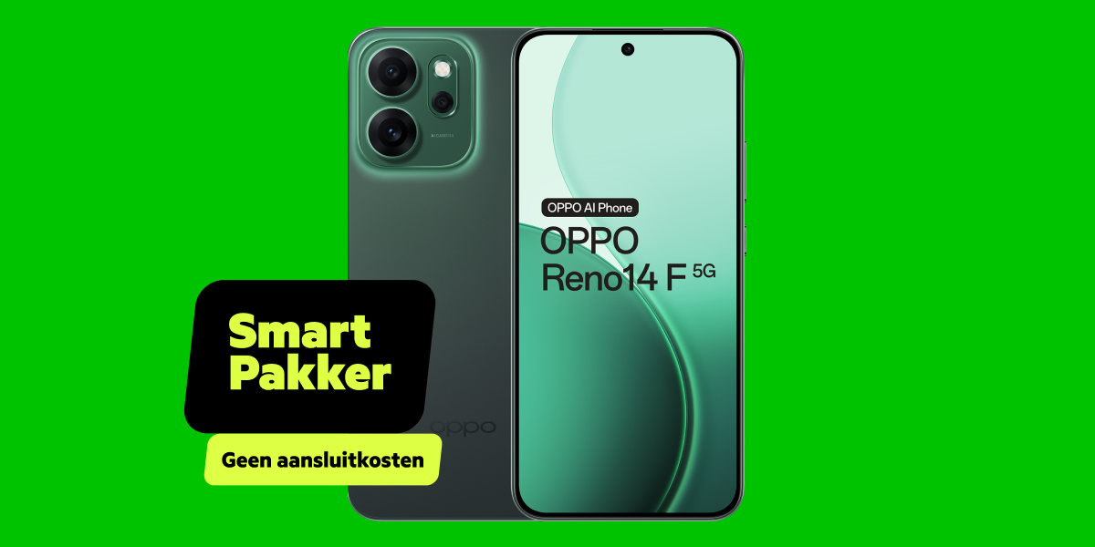 De voor- en achterkant van de groene OPPO Reno14 F met smartpakker label en geen aansluitkosten