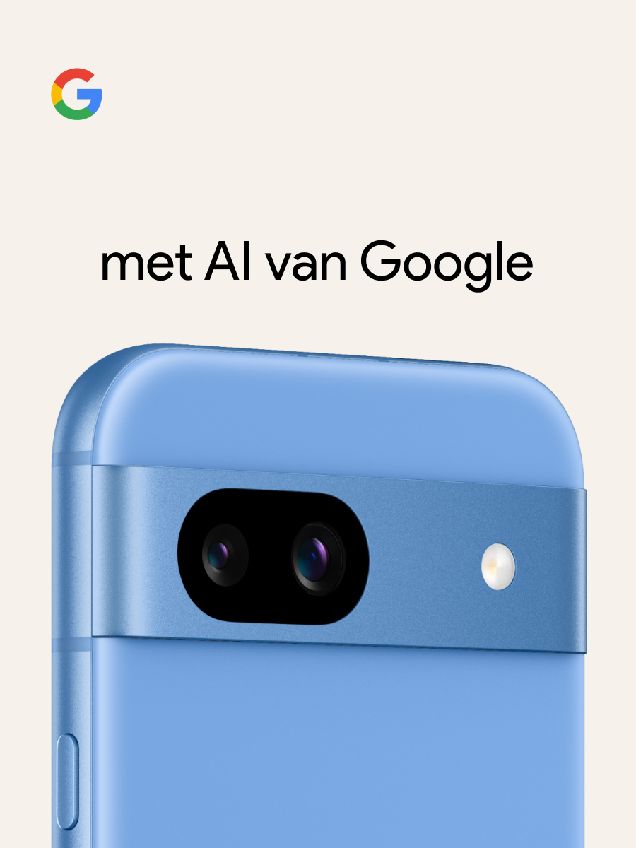 Google Pixel 8a in de kleur lichtblauw (Bay) met de AI van Google