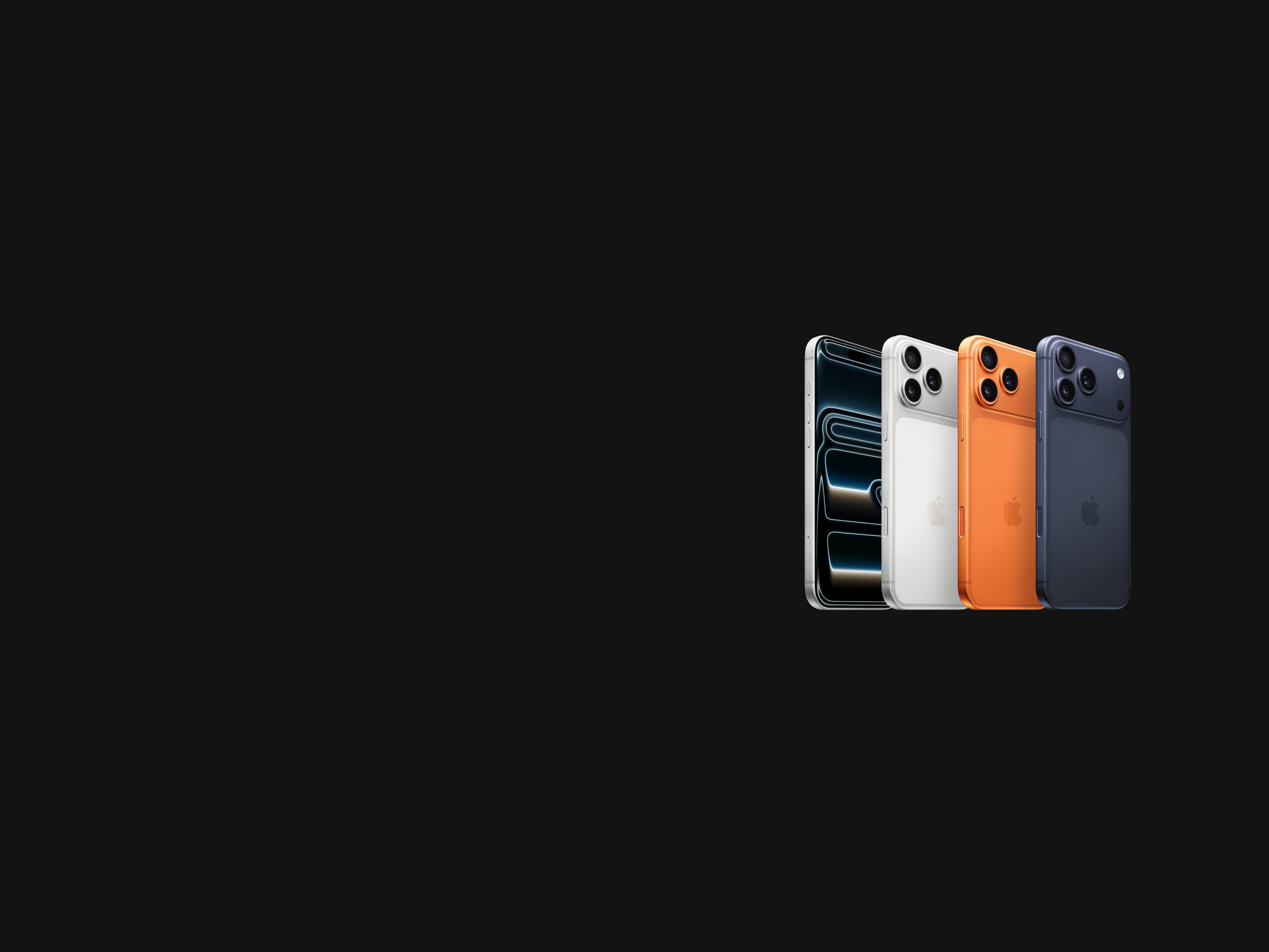De iPhone 17 Pro-modellen in wit, oranje en blauw