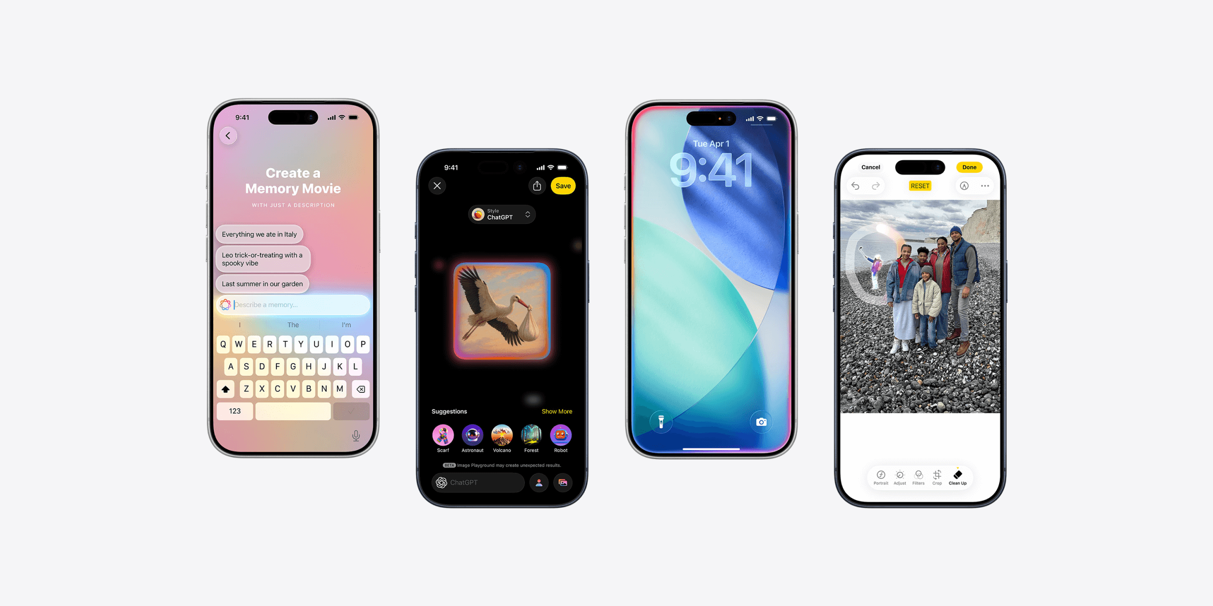 Vier iPhone 17-telefoons met verschillende apps of functies van Apple Intelligence op het scherm