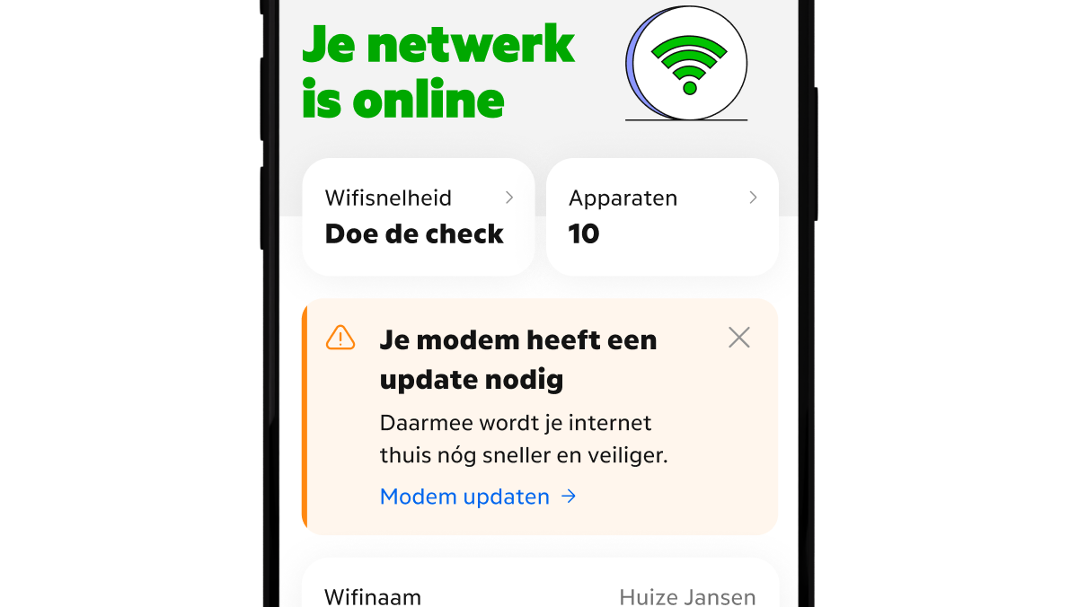 Screenshot van de MijnKPN app met het advies: je modem heeft een update nodig. Daarmee wordt je internet thuis nog sneller en veiliger.