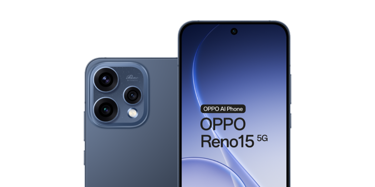 De voor en achterkant van de OPPO Reno15 in het donkerblauw