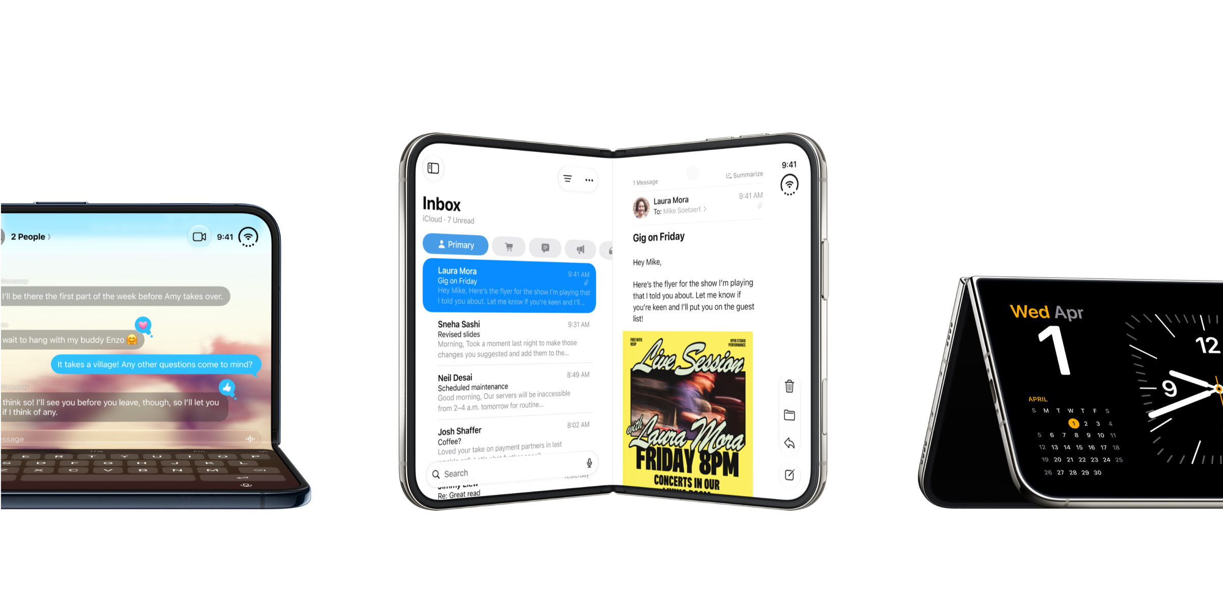 De iPhone Ultra neergezet en opengevouwen in meerdere standen