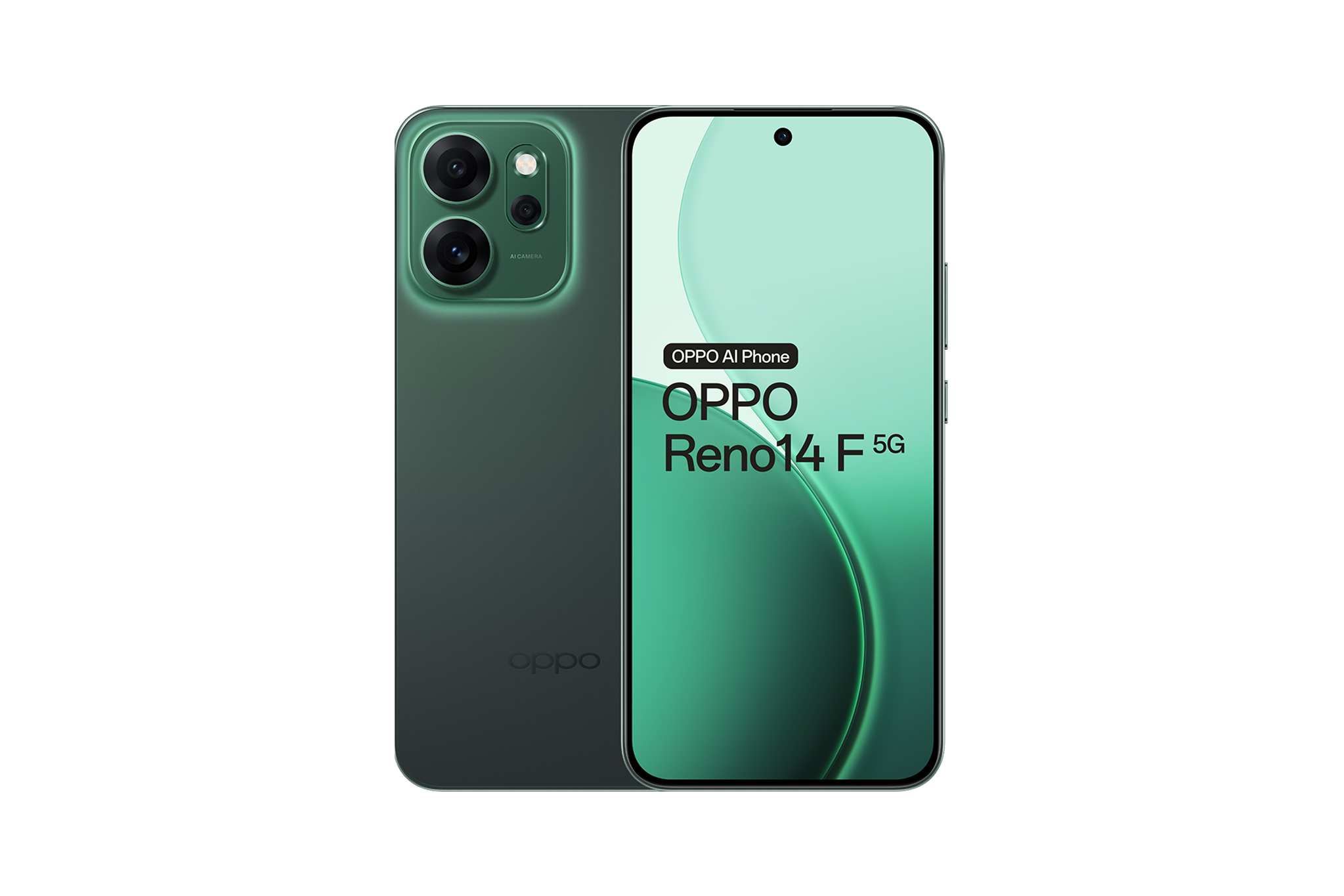 De voor- en achterkant van de groene OPPO Reno14 F