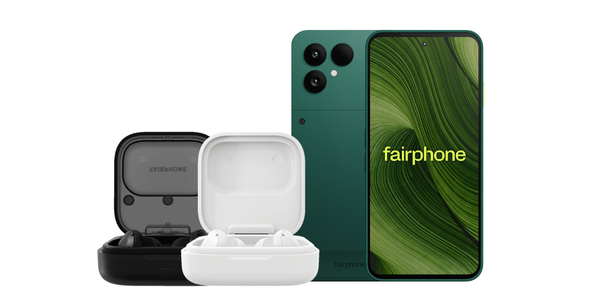 De groene Fairphone Gen. 6 met de Fairbuds in het zwart en wit