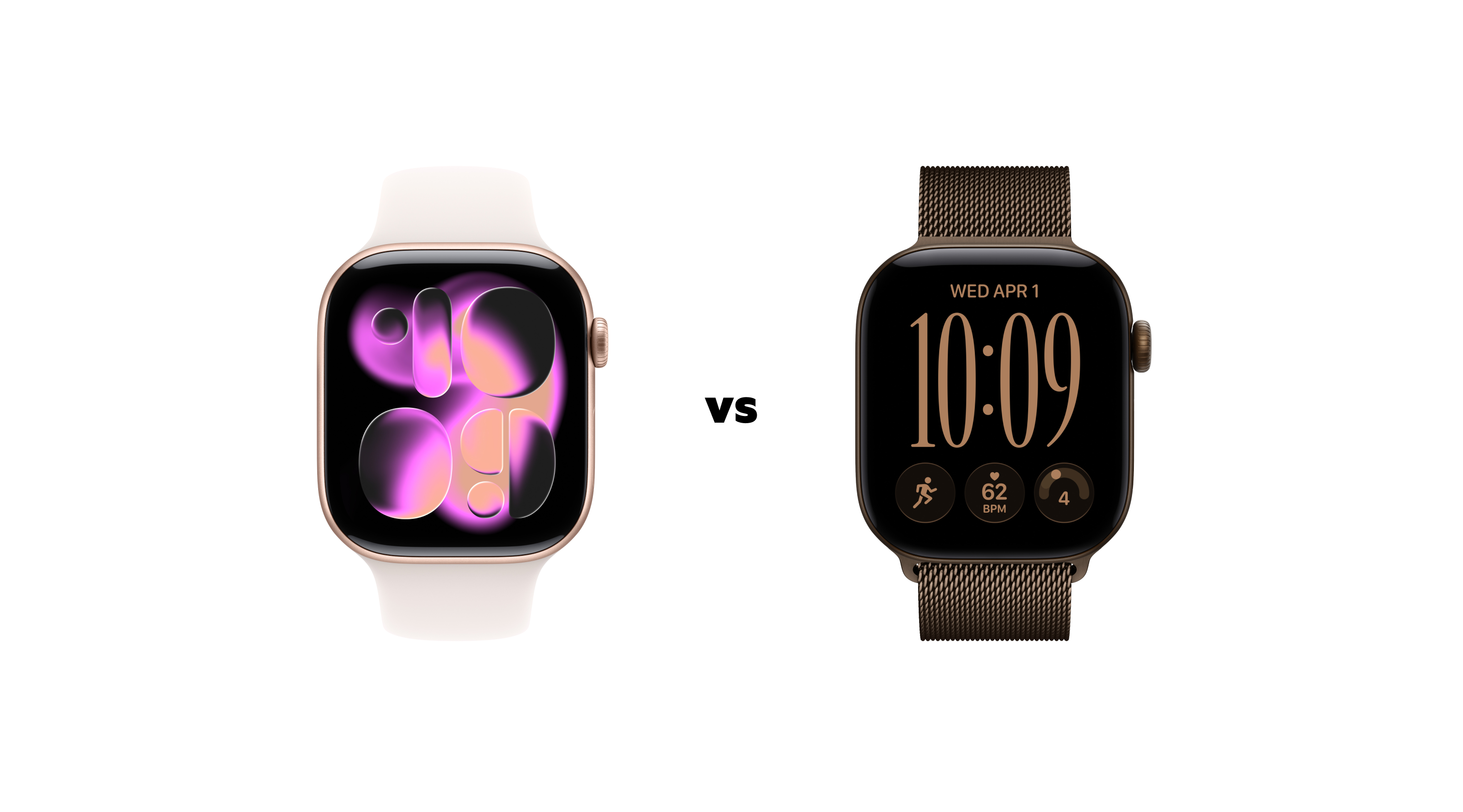 De roze Apple Watch Series 11 en Series 12 in de kleur brons naast elkaar