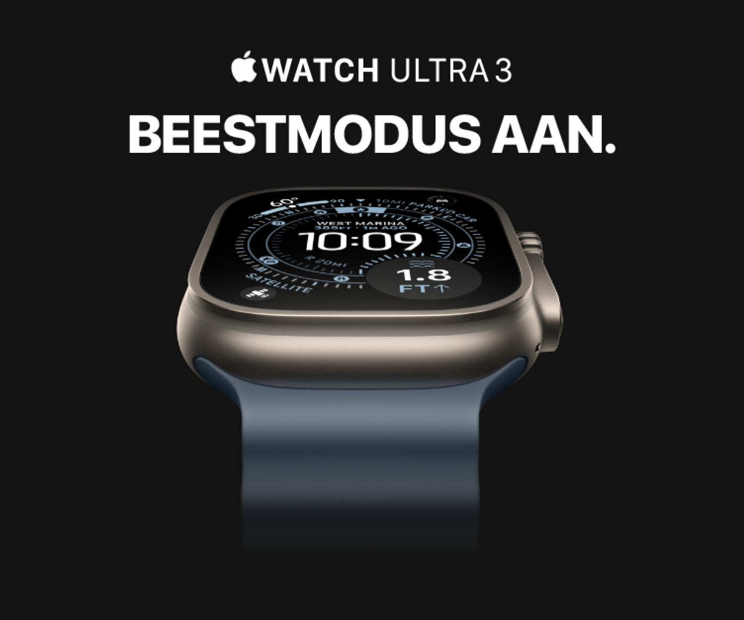 Afbeelding van de Apple Watch Ultra 3 in het zwart met de tekst beestmodus aan