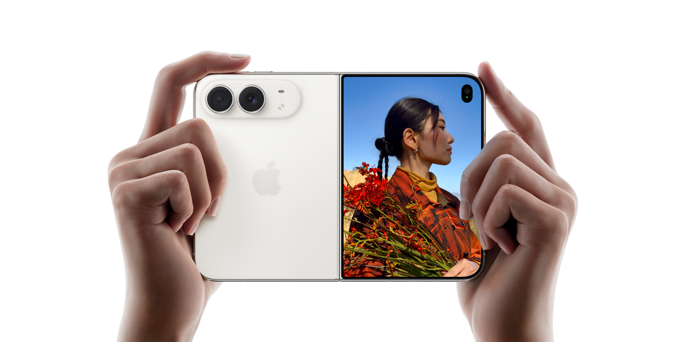De camera's aan de voor- en achterkant van de witte iPhone Duo