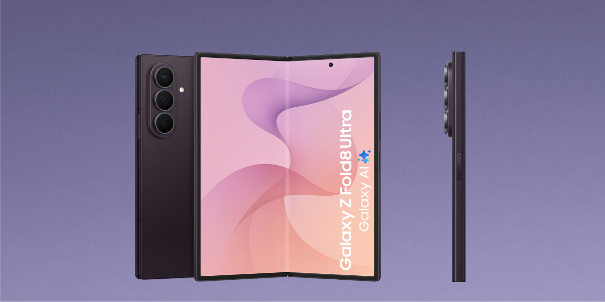 De paarse Galaxy Fold8 Ultra opengevouwen en de achterkant en zijkant van de telefoon