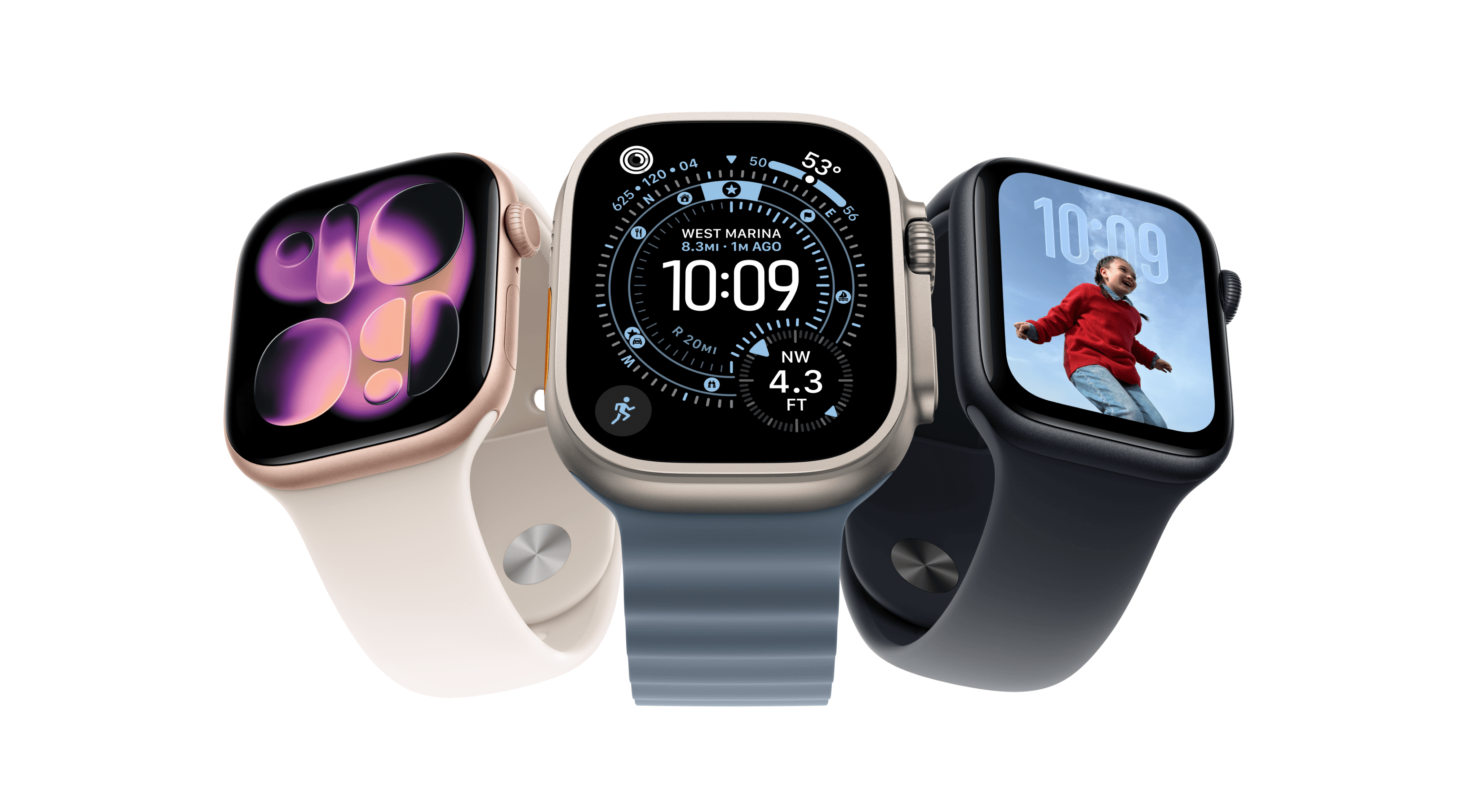 Meerdere Apple watches met wit, blauw en zwart bandje