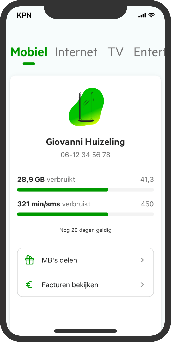 MijnKPN scherm met MB-tegoed op een smartphone