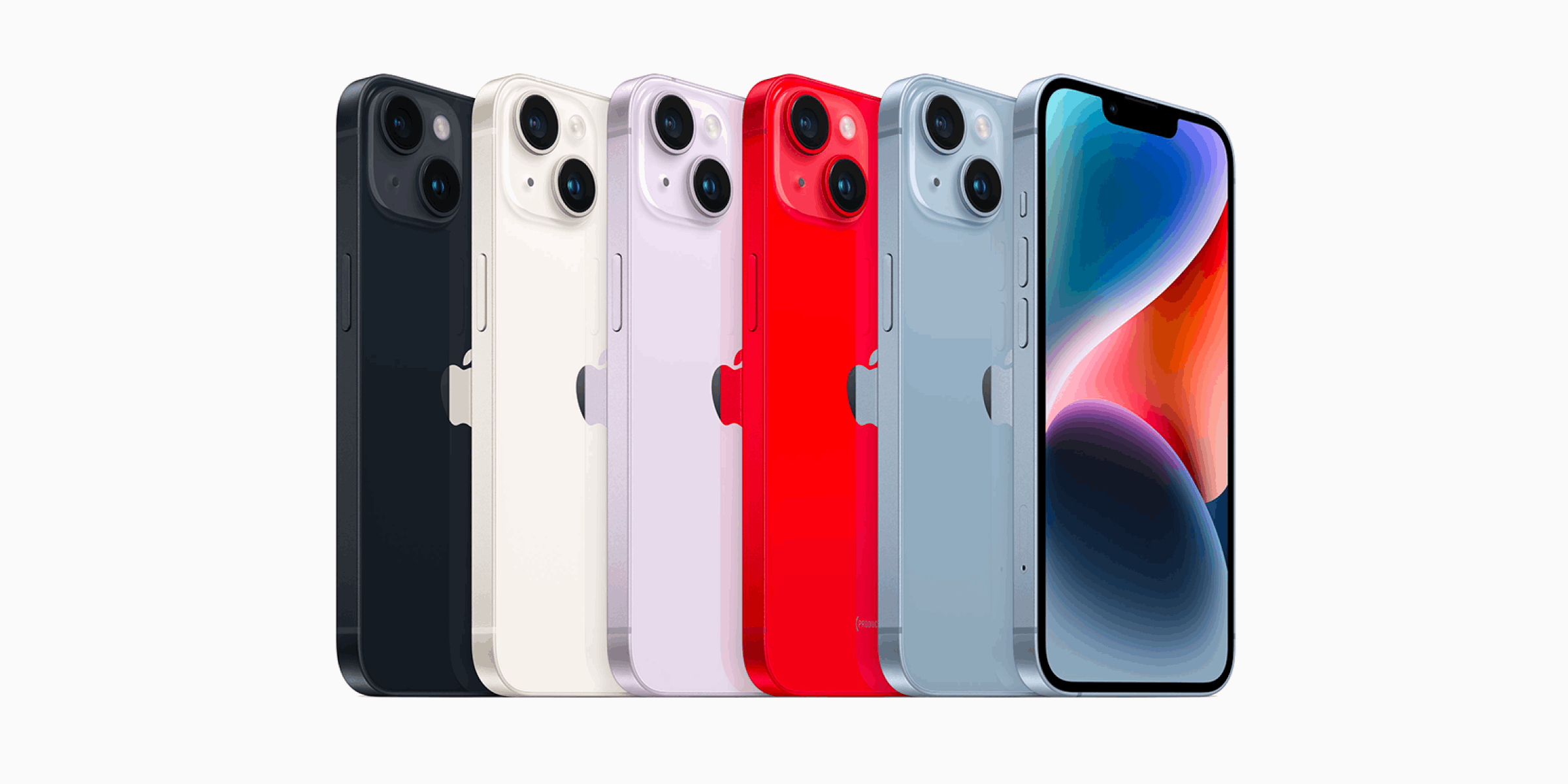 iPhone 13 in de kleuren zwart, wit, paars, rood en blauw