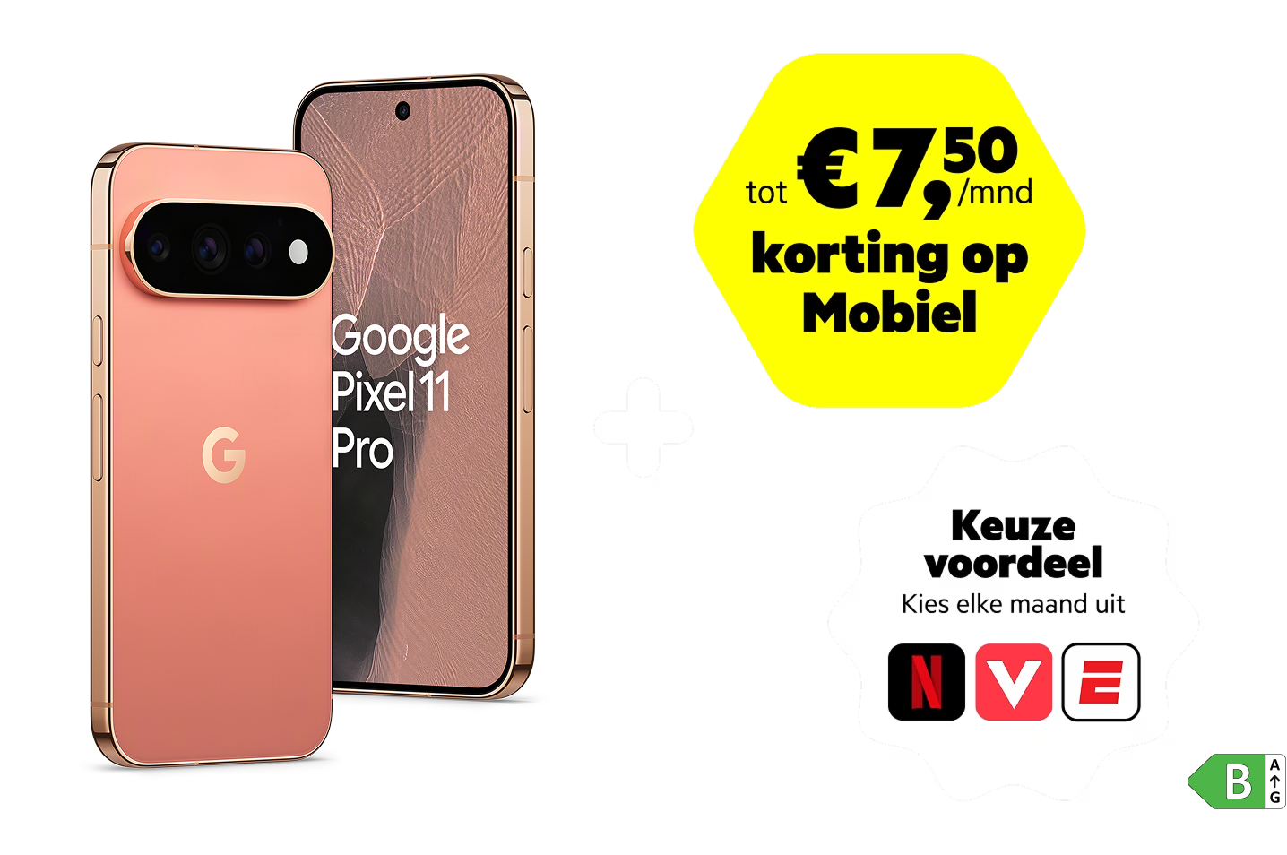 De Google Pixel 11 Pro in het roze op een roze achtergrond met energielabel B