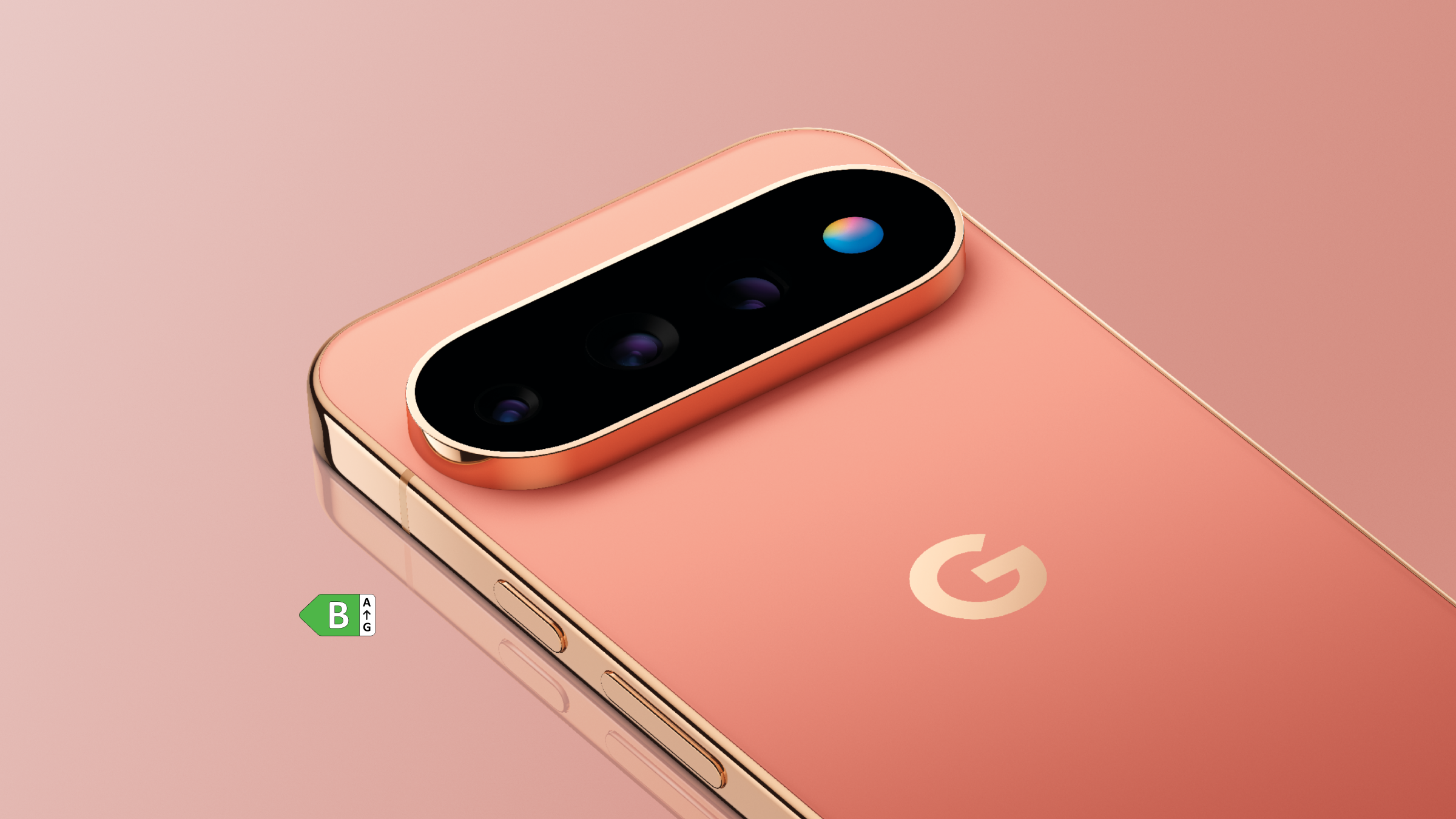 De Google Pixel 11 Pro in het roze op een roze achtergrond met energielabel B