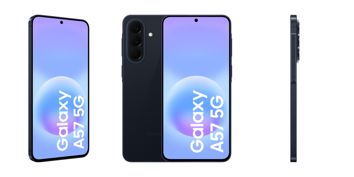 De voorkant, voor- en achterkant en zijkant van de Galaxy A57