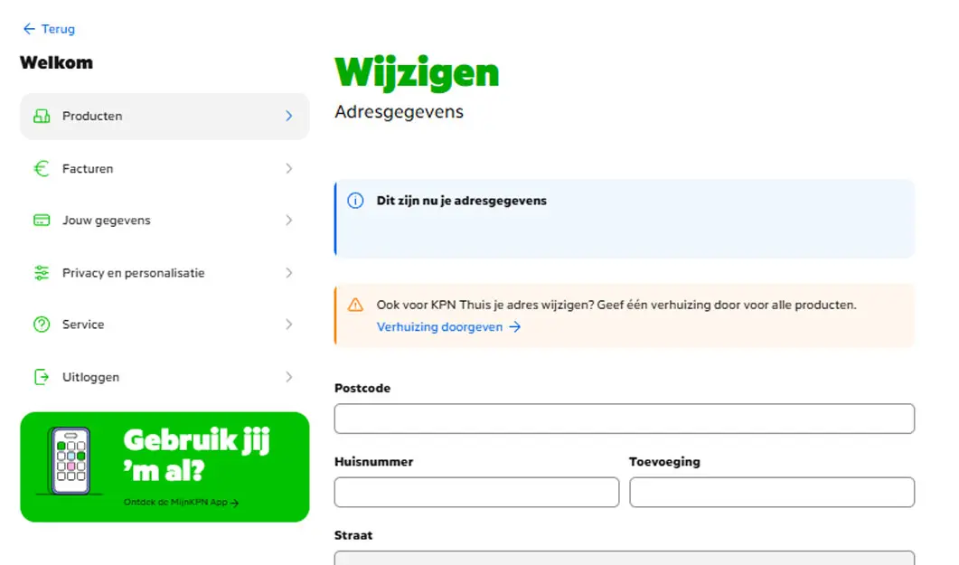 Formulier in MijnKPN om je adresgegevens te wijzigen
