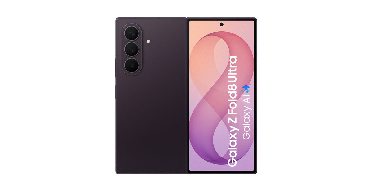 De voor en achterkant van de donkerpaarse Samsung Galaxy Z Fold8 Ultra