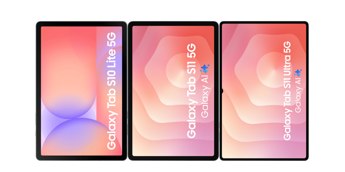 De Galaxy Tab S10 Lite naast de Tab S11 en de Tab S11 Ultra