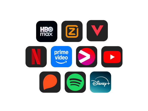 Overzicht van 10 logo's van streamingdiensten en apps in KPN TV+: HBO Max, Ziggo, Videoland, Netflix, Prime Video, Viaplay, Youtube, Storytel, Spotify en Disney+